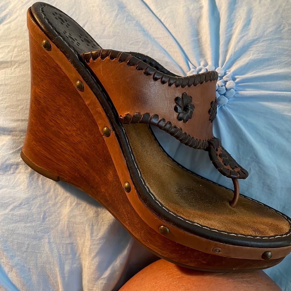 Platform wedge thong sandals, leather with leather trim and wooden wedge
